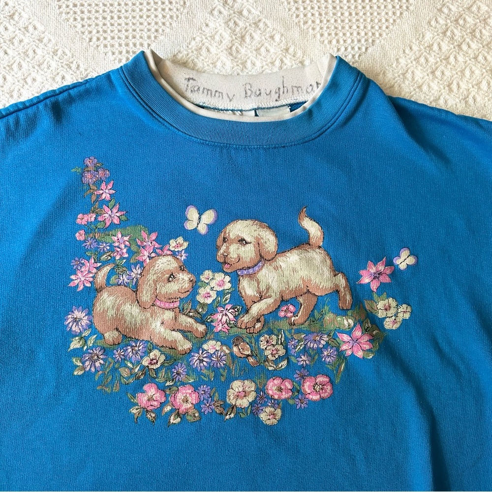 Vintage Dog Sweatshirt Crewneck Womens Medium Blue Puppy Floral Meadow Vtg READ - Picture 4 of 10